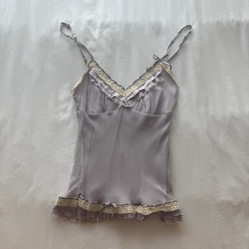Gold hawk light purple lace cami top with ruffled trim and bow detail